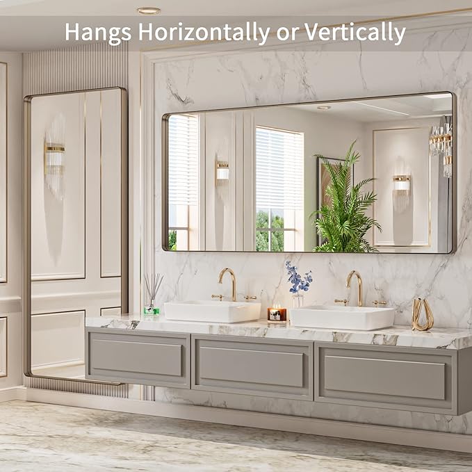 LOAAO 72”X32” Bronze Bathroom Mirrors for Vanity, Rounded Rectangle Brushed Bronze Metal Frame Mirror, Anti-Rust, Tempered Glass, Hangs Horizontally or Vertically