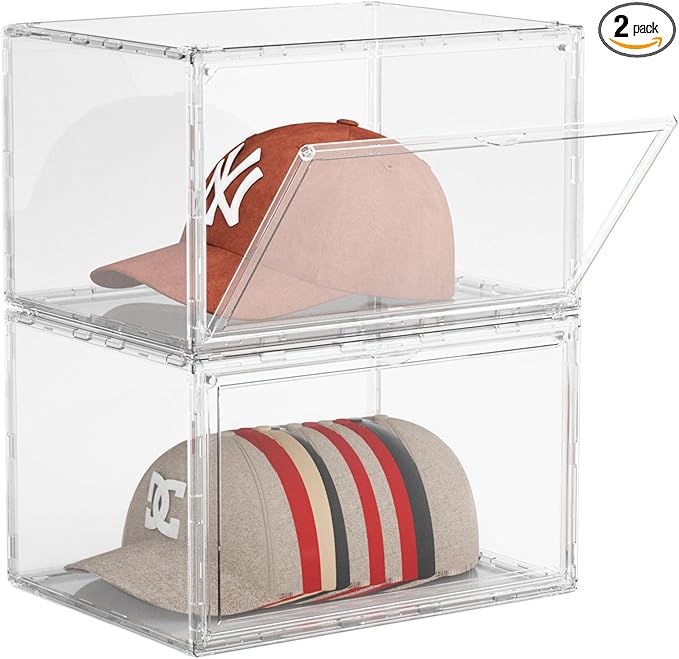 2 Pack Hat Organizer for Baseball Caps, Stackable Hat Storage Box, Acrylic Cap Display Case with Magnetic Door, Cap Holder Container for Closet, Each Holds 10 Hats Clear