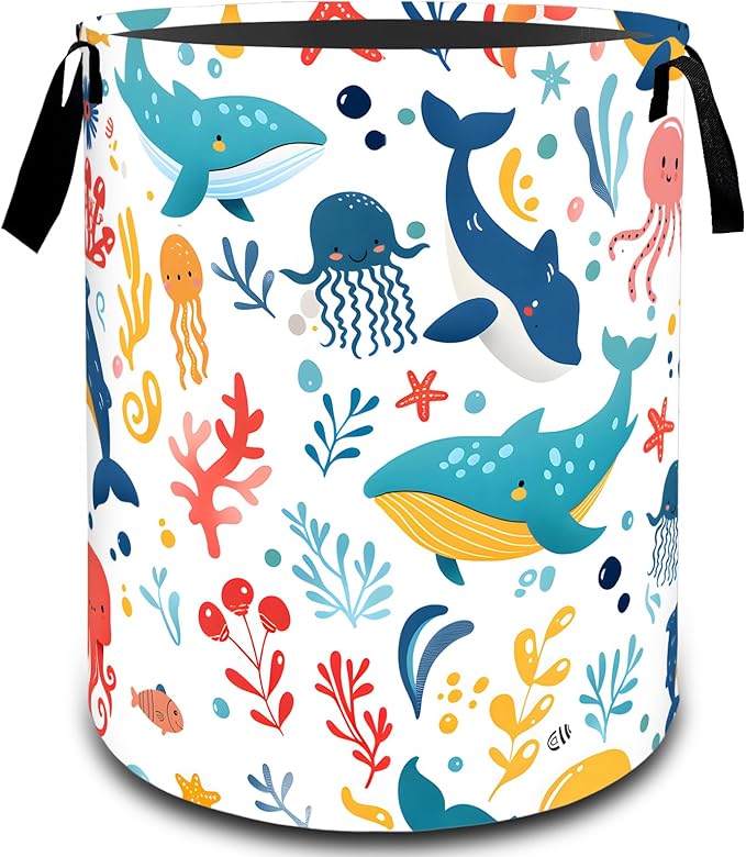 Ocean Whale Dolphin Octopus Laundry Basket, Dirty Collapsible Clothes Toy Organizer Hamper for Kids Adults, Oxford Cloth Waterproof Storage Bin for Bathroom Coastal Decor Gifts, 19.7"X15.7"