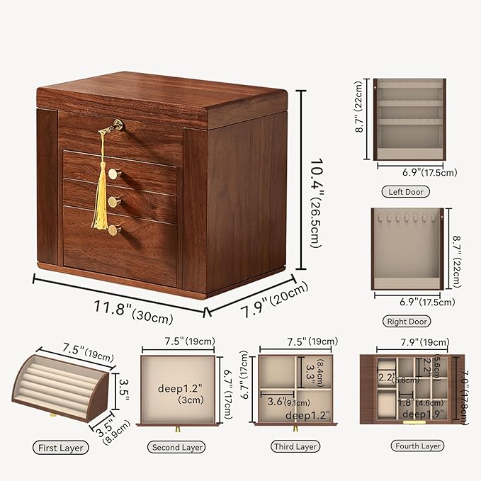 Black Walnut Wooden Jewelry Box, Wood Jewelry Organizer with 2 Side Doors Mirror Lockable Classical for Watch Necklace Ring Earring Valentine's Day Gifts-4 Layer with Curved Ring Grooves