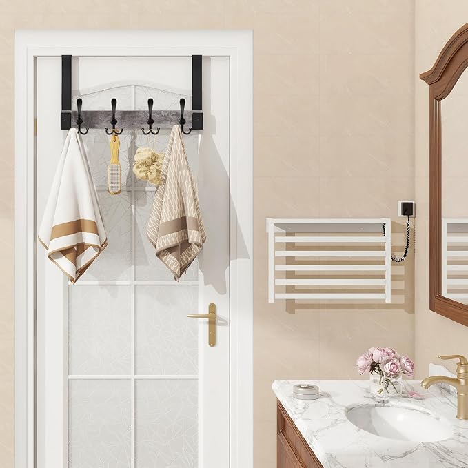 Homode Over The Door Hooks Heavy Duty,Wooden Door Coat Hanger with 4 Tri Hooks, Over The Door Towel Rack for Bathroom, Back of Door Hooks for Hanging Towels, Clothes, Hats, Bags, Grey