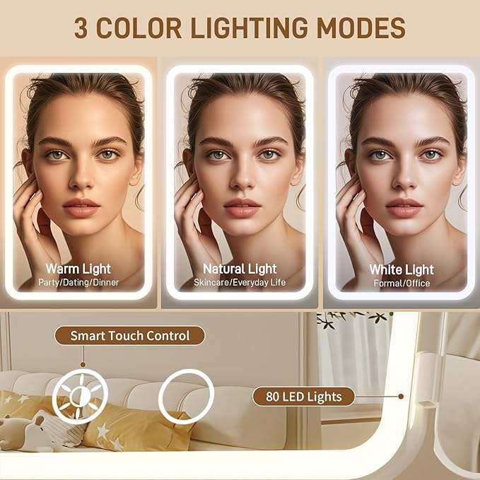 Vanity Mirror with Lights - Rechargeable Lighted Makeup Mirror | 1X/3X/5X Magnification, Smart Touch, 3 Colors Dimmable | Portable Trifold Mirror for Travel - Valentines Day Gifts for Her