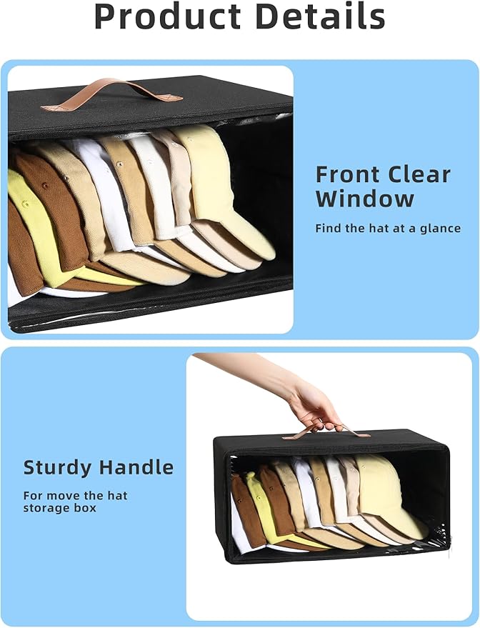 Beveetio 2 Pack Front-Opening Hat Organizer for Baseball Caps, Stackable Rigid Hat Storage Box with Clear Window, Space Saving Baseball Cap Organizer Holder for Closet, Holds Up to 30 PCS