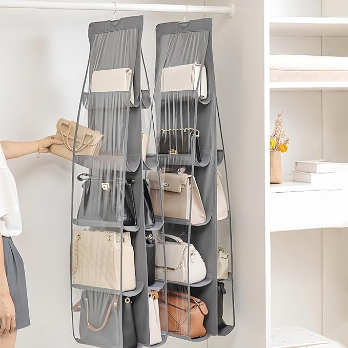 HAN SHENG 10 Pockets Clear Handbag & Purse Organizer Hanging Bag Storage - Space Saving Hanging Shelf for Closet, Wardrobe, Over Door (1 Pack, Grey)