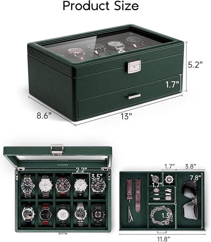 Vlando Watch Box for 10 slot, Lockable Watch Case with Textured Leather, 2 Layer Watch Holder for Rings, Bracelets, Glasses, Glass Lid, Removable Divider, Gift for Fathers, Husband, Friend, Dark Green
