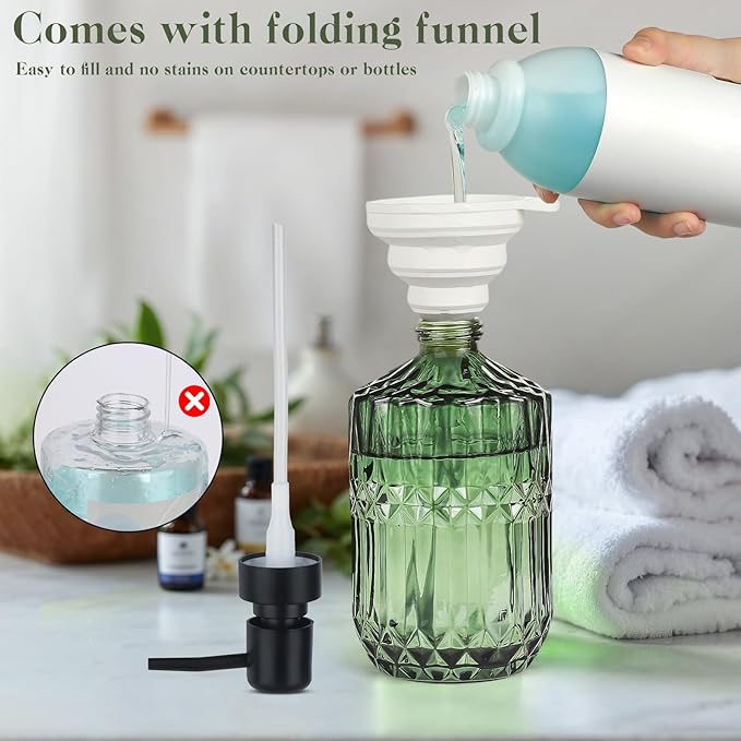 6 Pack Glass Soap Dispenser with Pump 15.2 oz Refillable Liquid Hand Soap Dish Soap Dispensers Vintage Soap Dispenser Liquid Bottle for Kitchen Sink Bathroom Counter(Green,Black Pump Head)