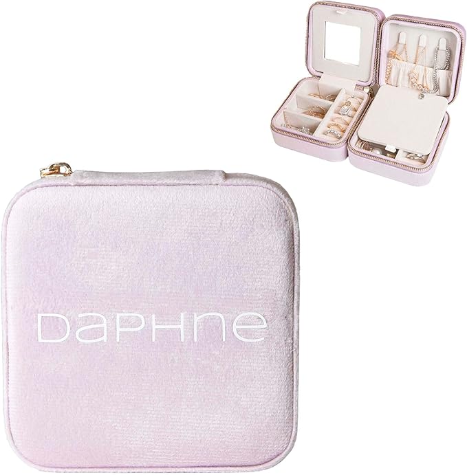 Customizable Compact Velvet Jewelry Box with Mirror, Travel Jewelry Case, Travel Jewelry Organizer, Jewelry Box for Women and Girls, Small Jewelry Organizer (Center Text, Lavender Pink)