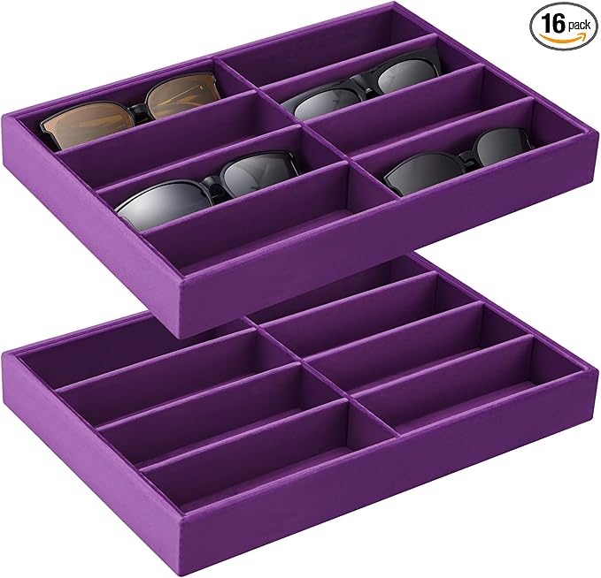 Amylove 2 Pcs Sunglass Organizer Trays Glasses Stackable Jewelry Trays Sunglass Organizer Display Box(8 Grids,Purple)