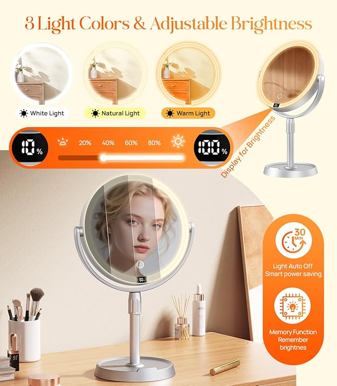 Gospire 8” Lighted Makeup Mirror with Lights and Magnification, 20X Magnifying Mirror with Light for Makeup Desk, Height Adjustable and Digital Display, Shaving Mirror for Bathroom, Gifts for Women