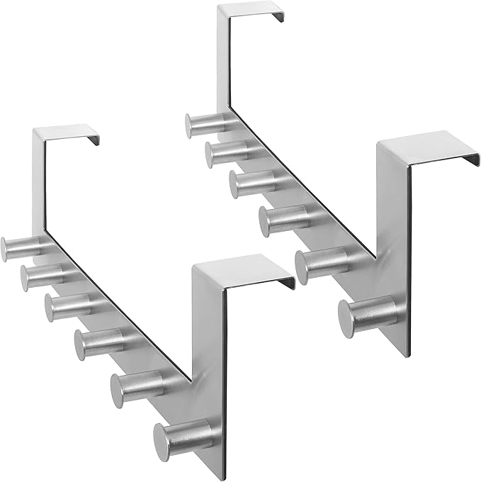 WEBI Over The Door Hook Door Hanger:Over The Door Towel Rack with 6 Peg Hooks for Hanging,Door Coat Hanger Towel Hanger Over Door Coat Rack for Clothes,Back of Bathroom,Silver,2 Packs