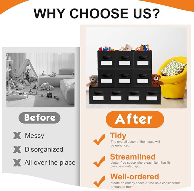 10 Pcs Fabric Storage Cubes with Labels 13 Inch Collapsible Cube Organizer Baskets with Window Cards for Shelf Nursery Clothes Book Toys Storage Bin(Black)