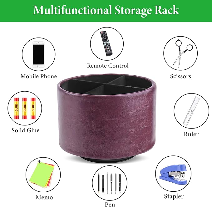 Hennaja Round Leather Art Supply Organizer,Remote Control Holder,360 Degree Spinning,Multi-Functional Pencil Holder,4 Compartments Desktop Stationary Organizer(1-Oil Brown)