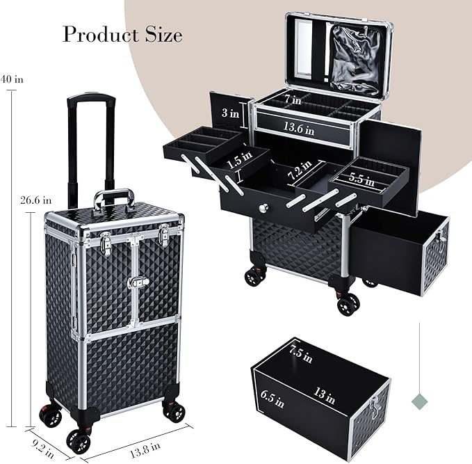 Adazzo Professional Makeup Artist Rolling Train Case Multi-functional Cosmetic Train Case Large Trolley Storage Case for Nail Technicians Cosmetology Case with Compartments for Hairstylist (Black)