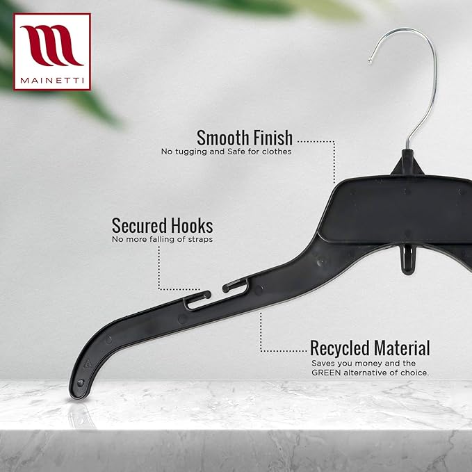 Mainetti 484 Recycled Black Plastic Hangers - 50 Pack with Rotating Metal Hook and Notches for Straps, Great for Shirts/Tops/Dresses, 17-Inch