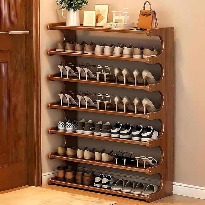 7-Tier Vertical Shoe Rack, Bamboo Free Standing Shoe Rack Shelf, Shoe Storage Stand, Entryway Shoe Tower, Vertical Shoe Organizer for Narrow Closet, Entryway, Hallway