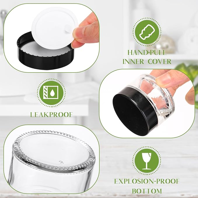 Domensi 60 Pcs 1oz Glass Jars with Lids Bulk Salve Tins Winter Cream Container Small Glass Candle Cosmetic Jars for Travel Lip Balm with Inner Liners for Lotion Sample Cream(Clear, Black Lid)