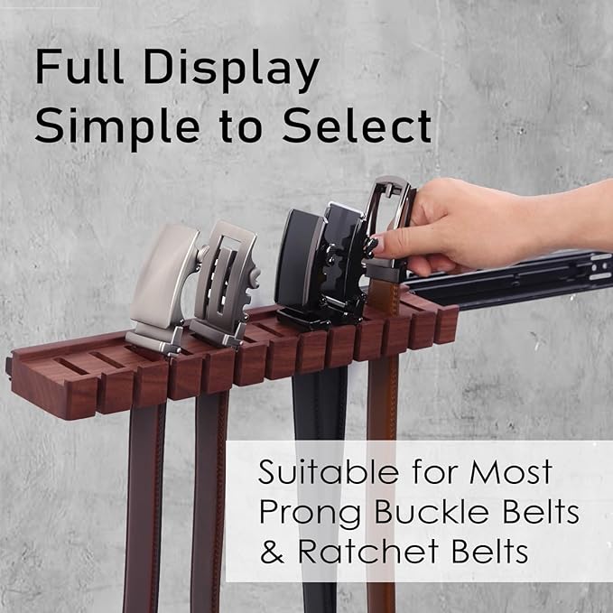 12 Belts Walnut Wood Belt Holder with Slide, Left or Right Slide Flexible Install Belt-Rack, Belt Hanger for Closet, Space Saving Belts Storage Organizer, Gift for Men