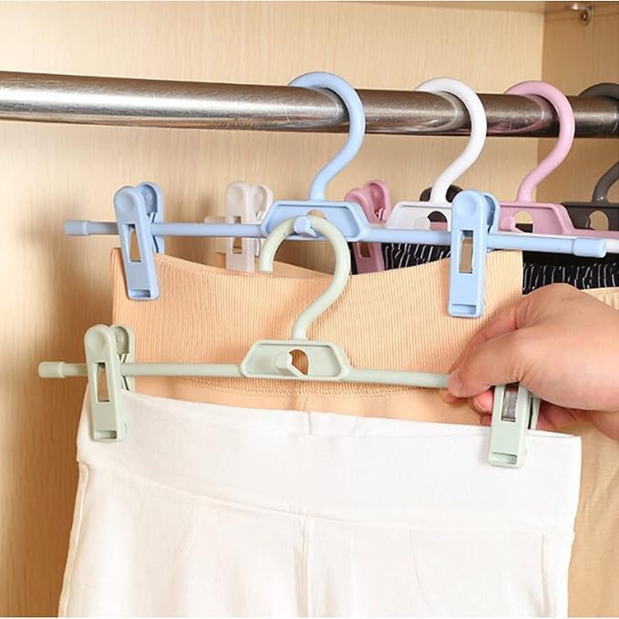 Pants Hangers, 10pcs Adjustable Clothes Hangers with Clips, Portable Drying Rack Travel Plastic Non-Slip Clothes Drying Hanger for Kids Or Adults Garments (Pink)