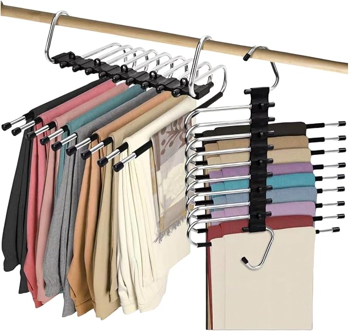 2Pack 9 Layers Foldable Pants Hangers Space Saving Trouser Hanger Multifunctional Trouser Rack Hanger Hanging Hole for Wardrobe Trousers Scarf Jeans (Black)