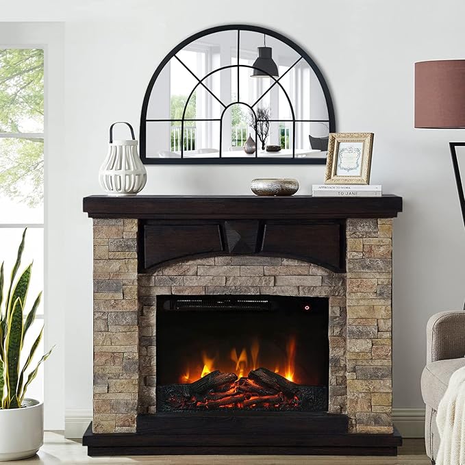 WAMIRRO Black Arched Window Pane Semi-Round Mirror - Farmhouse Mantel Half Circle Mirror for Fireplace, Living Room, Entryway Console Table,Wall Deocr 28"X20"
