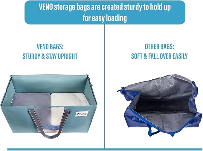VENO 2 Pack Moving Bags, Christmas Storage Bins, Moving Boxes Alternative, Comforter and Blanket Storage Bags, College Dorm Packing Supplies, Foldable Heavy-Duty Tote (Shiny Light Blue, 2 Pack)