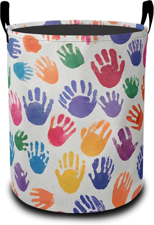 Laundry Basket,Cartoon Colorful Handprints Large Canvas Fabric Lightweight Storage Hamper Organizer Dirty Clothes Collapsible Waterproof for College Dorms,Bathroom
