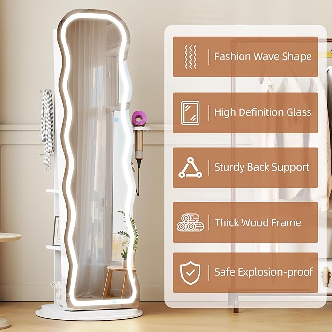 Vlsrka LED Mirror Jewelry Cabinet Standing, 360° Swivel Jewelry Aromire Organizer with Wavy Mirror, Lockable Jewelry Mirror with Storage, Jewelry Cabinet, Interior Mirror, Flodable Shelf, White