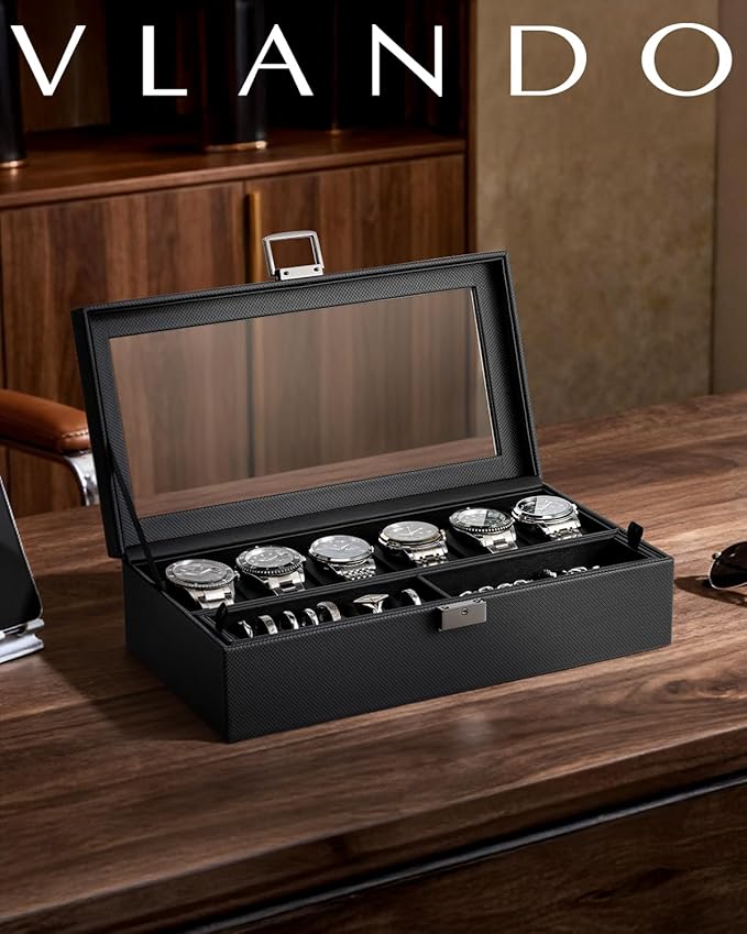 Vlando 6-Slot Watch Case for Men, Watch Box with Glass Lid, Storage for Rings, Keys, Business Textured Leather Organizer Display Case, Soft Pillow, Gifts for Fathers, Dad, Husband - Black
