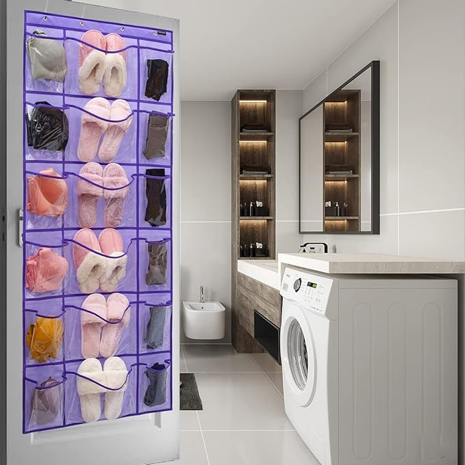 Over The Door Hanging Shoe Rack Organizer 18 Pockets Organizer with 6 Extra Large Clear Pockets for Shoe Holder Storage (18 Pockets-Purple)