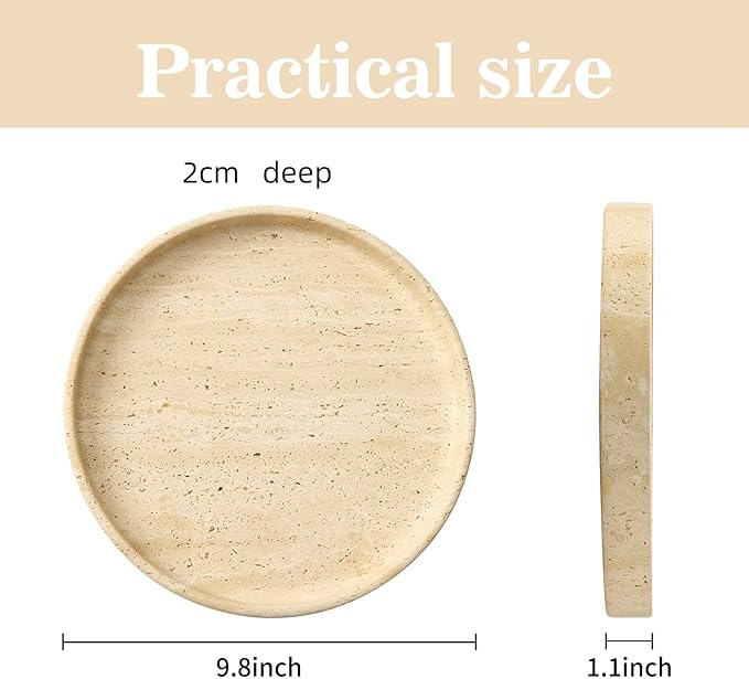 Natural Travertine Vanity Tray – Round Beige Marble Tray for Bathroom, Jewelry, Candle, Perfume, Nightstand & Kitchen Decor, 10 Inch Wabi-sabi Style Decorative Stone Catchall Organizer