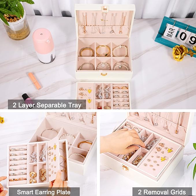 Voova Jewelry Box Organizer for Women Girls, 2 Layer Large Men Jewelry Storage Case, PU Leather Display Jewellery Holder with Removable Tray for Necklace Earrings Rings Bracelets, Vintage Gift, White
