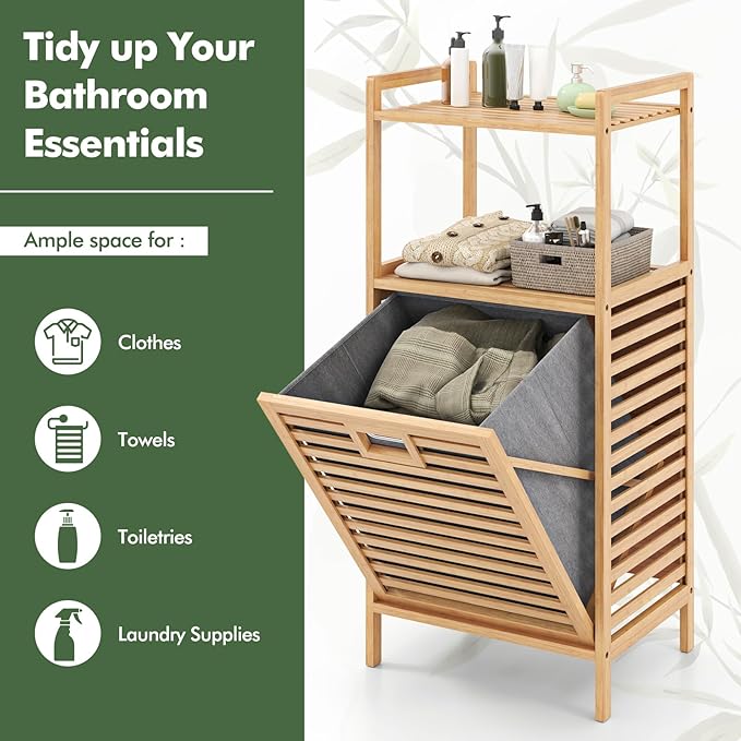 Giantex Tilt Out Laundry Hamper, Bamboo Laundry Storage Cabinet w/ 2-Tier Storage Shelves, Foldable & Removable Basket, Freestanding Laundry Basket Organizer for Bathroom Laundry Room Bedroom