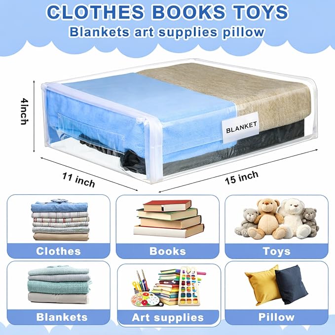 Kenning Set of 20 Clear Zippered Storage Bags for Sheet Organizer Plastic Sweater Bags with Handle Pocket Vinyl Bag for Bed Blanket Throw Pillow Toys(White,11 x 15 x 4 Inch)