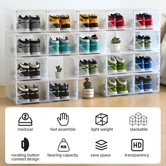 Foldable Shoe Organizer,Shoe Storage Organizer,10 Pack Shoe Box Clear Plastic Stackable,Drop Front Shoe Box with magnetic Door, Containers For Sneaker,Fit up to US Size 15