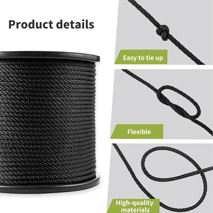 1/4 Inch 500FT Black Polyester Solid Braid Rope | High UV & Abrasion Resistance | Industrial Grade, Low Stretch | Multipurpose for Flag Poles, Clotheslines
