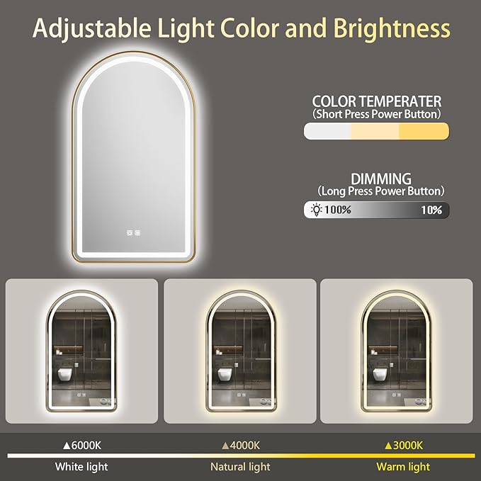 30x40 inch Gold Tempered Glass LED Arched Mirror for Bathroom Vanity Mirror or Wall Decor Arch Mirror Brushed Metal Frame Wall Mounted Mirror for Bathroom