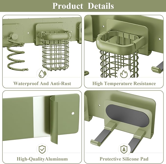 Tindbea Upgraded Aluminum Alloy Hair Dryer Holder Wall Mounted with Built-in Cord Wrap,3-in-1 Hair Tool Organizer for Blow Dryer, curling iron, and straightener, Green
