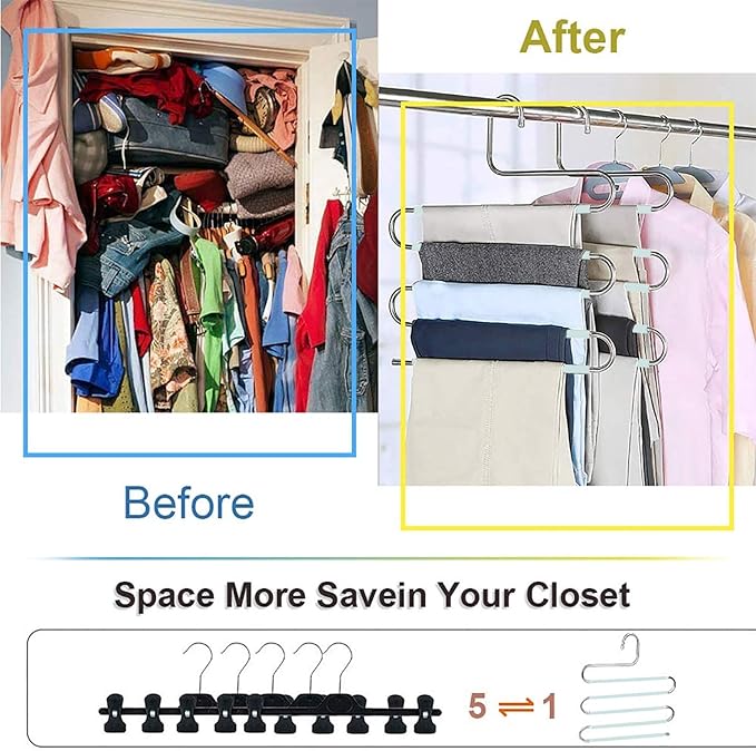 Devesanter Space-Saving Non-Slip S-Shape Trousers Hangers - 6 Pack Stainless Steel Closet Storage Organizer for Pants, Jeans & Scarves - Green