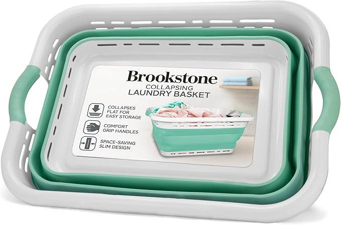 BROOKSTONE, 11 GALLONS - [OUR LARGEST BASKET] 24" Collapsible Laundry Basket, Comfort Non-Slip Grip Handles, Minimalist Space Saving Design, Portable Pop-Up Hamper, [BPA FREE], Mint, Retail Packaging