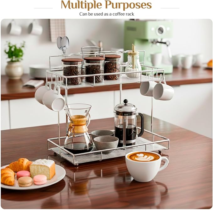 2 Tier Chrome Bathroom Organizer Countertop, Small Countertop Organizer for Bathroom Decor, Kitchen Counter Shelf for Spice Rack and Snack, Vanity Makeup Organizers Tray for Bedroom (Chrome)