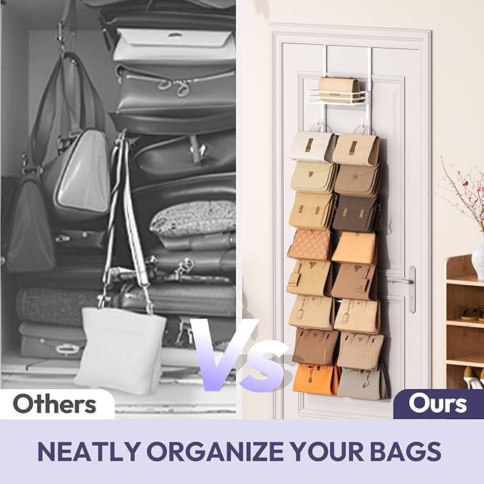 SWTYMIKI Over the Door Purse Organizer - Wall Mounted Handbag Organizer with 16 Hooks and Metal Basket, Hanging Purse Storage Rack Holds up to 16 Bags, Bag Rack Can Use As 1/2 Part, for Door, Closet