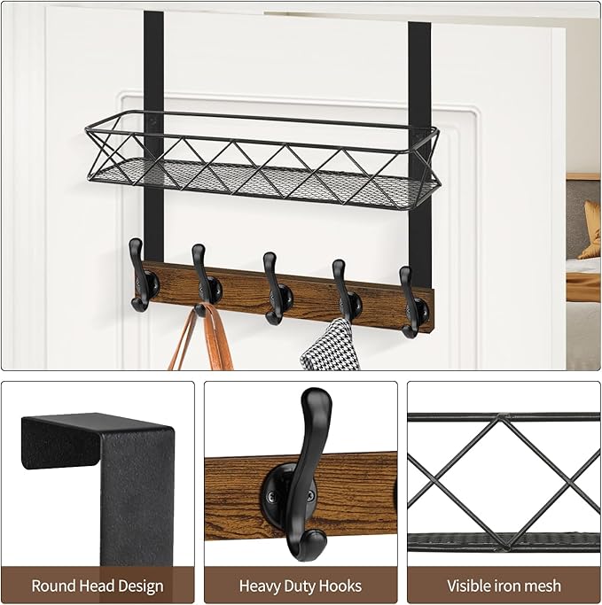 YINMIT Over The Door Hooks Organizer, Over The Door Hanger with Basket, Over The Door Towel Rack with 5 Metal Hooks, Over Door Hanger for Bathroom, Bedroom, Kitchen