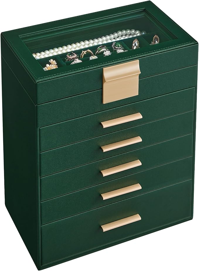 SONGMICS Jewelry Box Organizer with Glass Lid, 6-Layer Jewelry Storage, with 5 Drawers, Modern Style, 6.4 x 9.9 x 11.4 Inches, Forest Green and Gold Color UJBC171C01