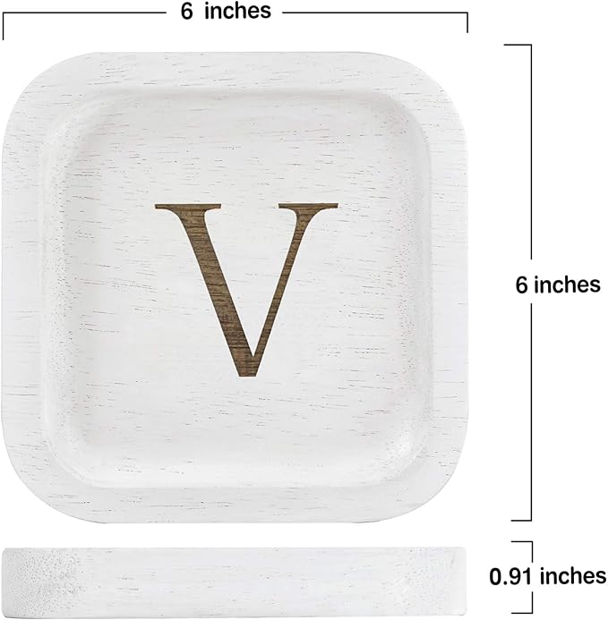 I'm Wooden Personalized Letter Catchall Valet Tray Trinket Dish Jewelry Tray Key Bowl Decorative Plate Organizing Ring Earrings Necklaces Bracelet Watch Coins Wallet Holder (6"x6" Sq White V)