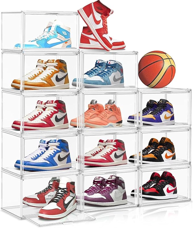 12 Pack Acrylic Shoe Large Storage Box with Magnetic Door Size 13 Clear Stackable Shoe Organizer for Closet Space Saving Shoe Cabinet Sneaker Display Case