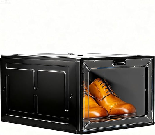 1 Pack Black Drop-Front Sneaker Box with Magnetic Door, Stackable Shoe Organizer for Closet or Room, Fits up to Size 13 – 13.5 x 10.55 x 7.5 In