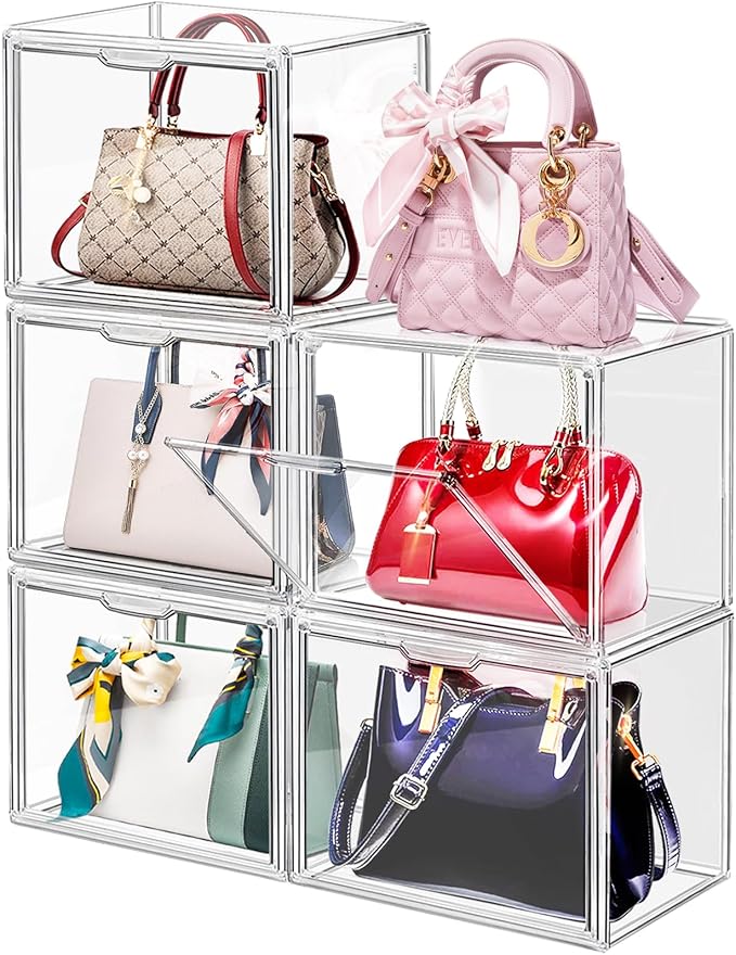DILIBRA 5 Packs Clear Plastic Handbag Storage Organizer for Closet, Acrylic Display Box for Handbag, Stackable Storage Boxes Bag Organizer with Magnetic Door