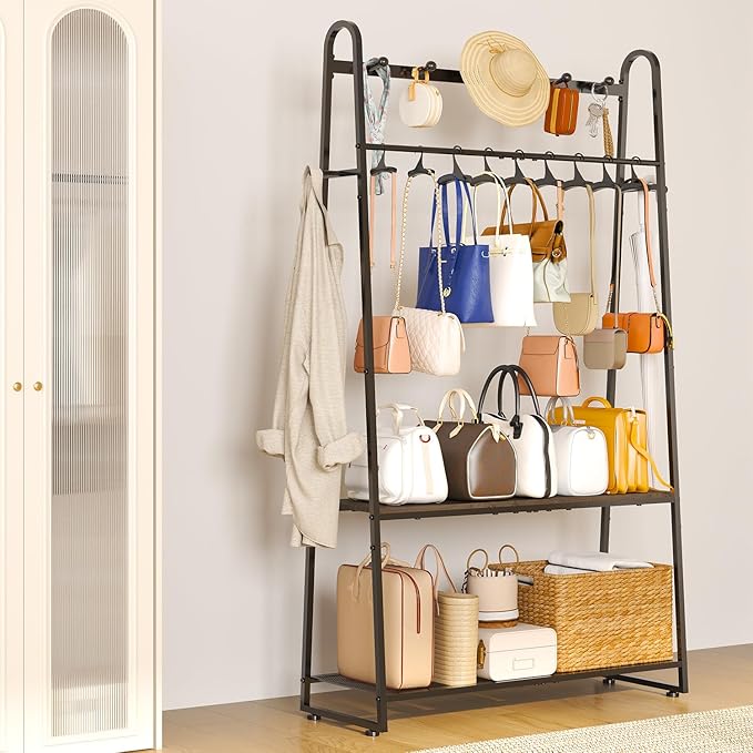 KAFAHOM Purse Organizer for Closet, Heavy Duty Coat Rack freestanding for Entryway, Oversized Bag Shelf, Purse Holder for Hanging Strap Handbags, Clothing, Ideal Storage for Small Space Solution