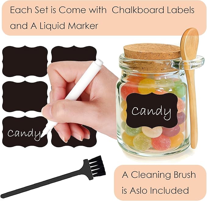 Ahhute Glass Sugar Scrubs Jars, Bath Salt Container 8oz, Salt Cellar with Spoon, Honey Scrubs Jars w/Lids, Labels and Cleaning Brush, Set of 12