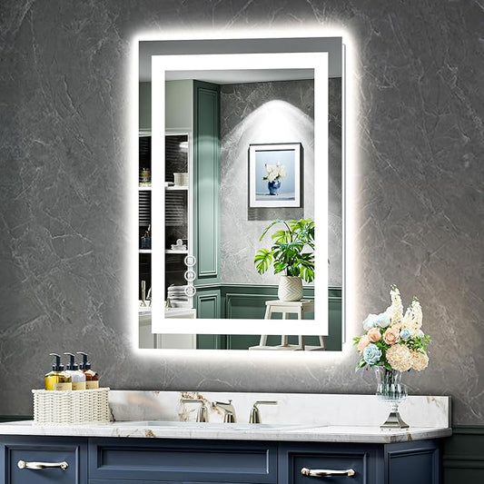 20x30 Inch LED Bathroom Mirror with Lights Front and Backlit Lighted Vanity Mirror for Bathroom Wall with 3 Colors Dimmable Anti-Fog Memory Shatter-Proof IP54 Waterproof Horizontal/Vertical